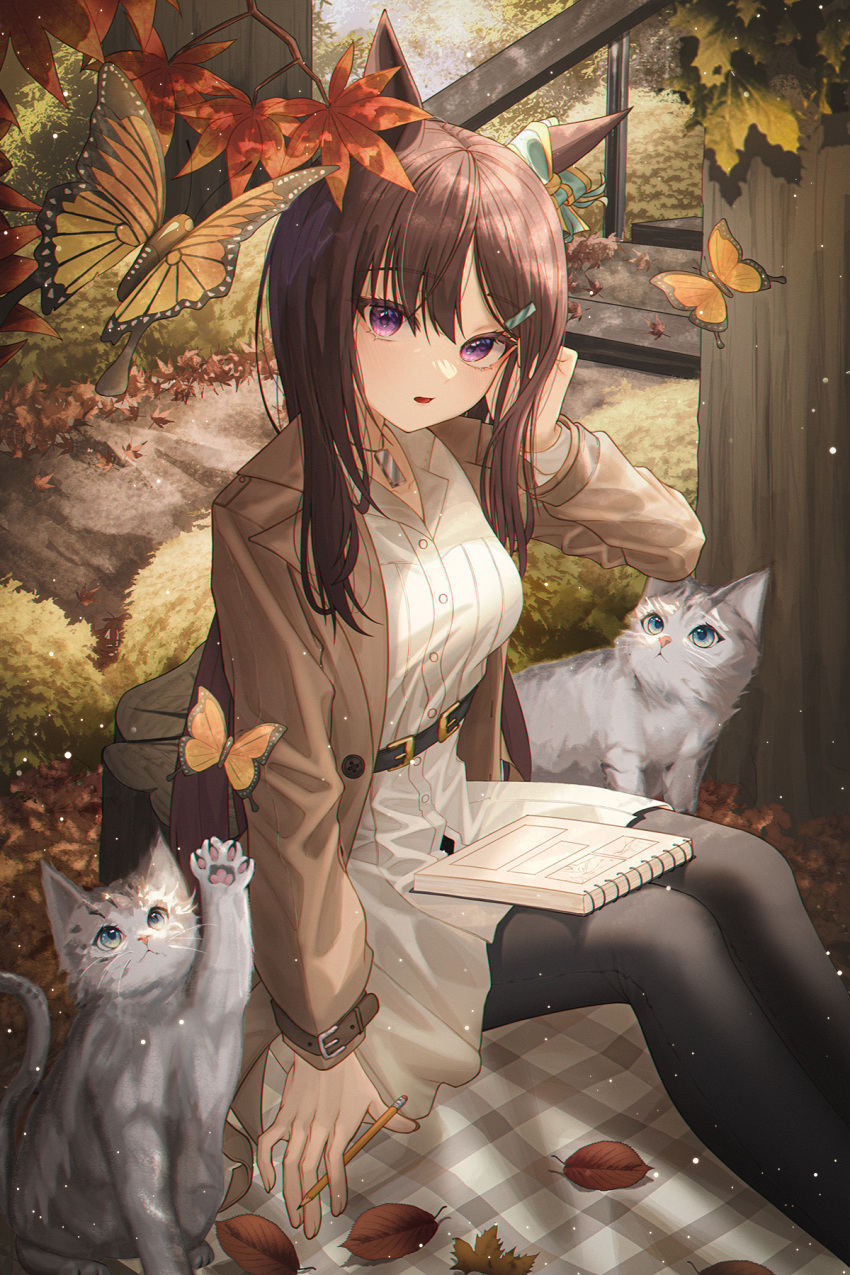 1girl alternate_costume animal_ears autumn autumn_leaves black_pantyhose bow brown_hair brown_jacket bug butterfly cat commentary dress ear_bow hair_ornament hairclip highres holding holding_pencil horse_ears horse_girl horse_tail jacket jewelry long_hair mejiro_dober_(umamusume) necklace notebook on_ground open_clothes open_jacket open_mouth pantyhose pencil rang_c sitting solo symbol-only_commentary tail umamusume violet_eyes white_dress