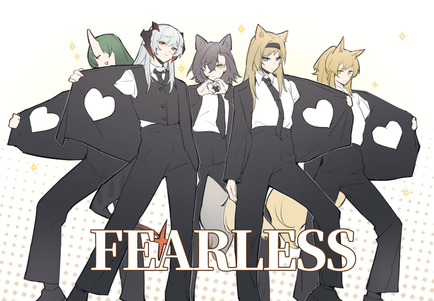 5girls akechi_(826988799) alternate_costume animal_ears arknights black_hairband black_jacket black_necktie black_pants black_vest blonde_hair blue_eyes brown_hair chinese_commentary closed_eyes collared_shirt commentary_request english_text feet_out_of_frame grey_hair hair_over_one_eye hairband heart heart_hands highres horn_(arknights) horns hoshiguma_(arknights) jacket le_sserafim long_hair long_sleeves looking_at_viewer multiple_girls nearl_(arknights) necktie open_clothes open_jacket open_mouth opened_by_self orange_eyes pants penance_(arknights) ponytail saria_(arknights) shirt single_horn skin-covered_horns smile sparkle tail vest white_background white_shirt yellow_eyes