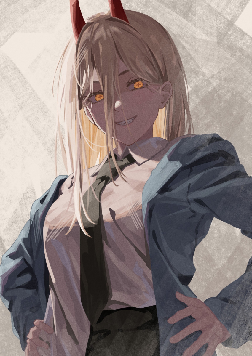 1girl absurdres black_necktie blonde_hair blue_jacket chainsaw_man collared_shirt cross-shaped_pupils demon_horns grey_background grin hair_between_eyes hands_on_own_hips highres horns jacket komura_hiroto long_hair long_sleeves looking_at_viewer necktie open_clothes open_jacket power_(chainsaw_man) red_horns sharp_teeth shirt shirt_partially_tucked_in smile smug solo straight_hair symbol-shaped_pupils teeth upper_body white_shirt yellow_eyes