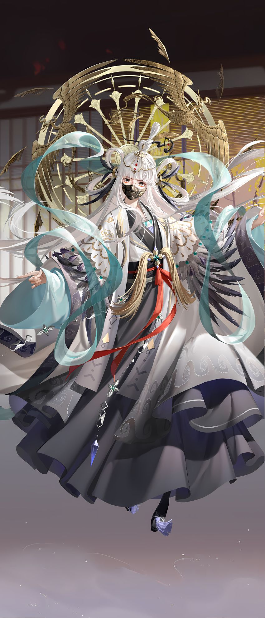 1girl absurdres blunt_bangs chinese_clothes code:_kite feathers floating full_body guo_jie hagoromo hair_ornament hanfu high_ponytail highres long_hair long_sleeves looking_at_viewer mask mouth_mask official_art shawl tassel very_long_hair white_hair wide_sleeves yellow_eyes