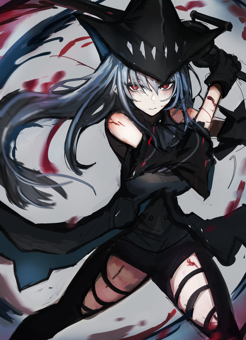 1girl absurdres arknights ascot bare_shoulders black_ascot black_coat black_gloves black_headwear black_pants black_shirt black_sleeves black_straps blood blood_on_arm blood_on_cheek blood_on_face blood_on_leg blood_spray blurry blurry_background breasts buttons chuhaibane closed_mouth clothing_cutout coat collared_coat commentary_request depth_of_field detached_sleeves dot_nose feet_out_of_frame floating_hair frilled_sleeves frills gloves grey_background grey_hair hair_between_eyes hair_over_one_eye hand_up hat highres holding holding_sword holding_weapon long_hair long_sleeves medium_breasts multiple_thigh_straps official_alternate_costume pale_skin pants red_eyes serious shadow shirt sidelocks simple_background skadi_(arknights) skadi_(elite_ii)_(arknights) sleeveless sleeveless_coat solo standing strap sword thigh_cutout thigh_strap torn_clothes torn_coat very_long_hair weapon