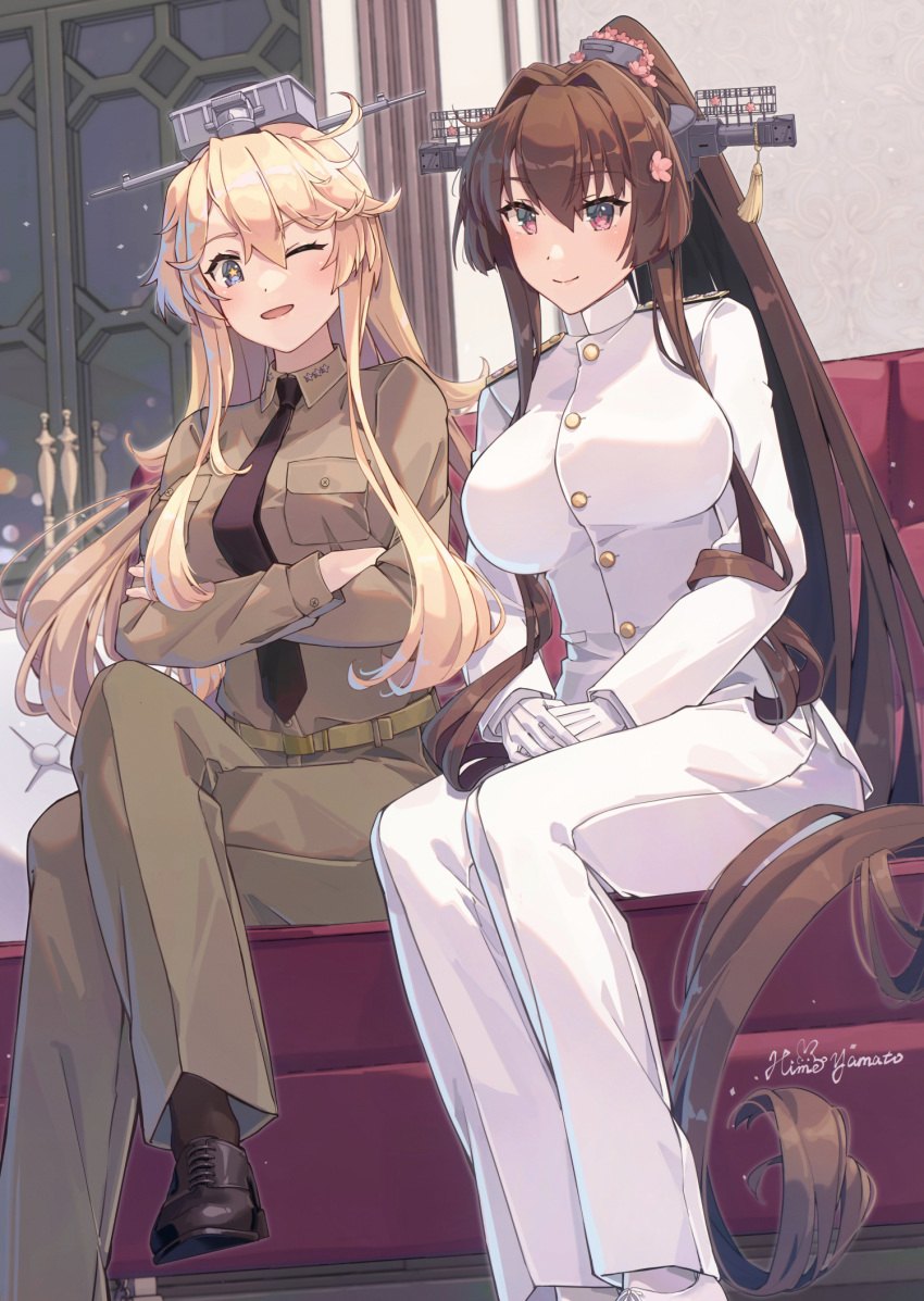 2girls alternate_costume belt black_necktie blonde_hair blue_eyes breast_pocket breasts brown_belt brown_hair brown_pants brown_shirt collared_shirt crossed_arms crossed_legs gloves hair_intakes headgear highres himeyamato indoors iowa_(kancolle) jacket kantai_collection large_breasts long_hair military military_uniform multiple_girls naval_uniform necktie one_eye_closed pants pocket red_eyes shirt sidelocks star-shaped_pupils star_(symbol) symbol-shaped_pupils uniform very_long_hair white_gloves white_jacket white_pants yamato_(kancolle)