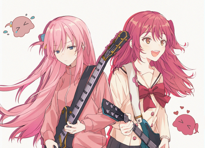 2girls absurdres black_skirt blue_eyes blush bocchi_the_rock! bow brown_sailor_collar closed_mouth cube_hair_ornament electric_guitar gibson_les_paul gotoh_hitori gotoh_hitori_(octopus) guitar hair_ornament highres holding holding_instrument icercck instrument jacket kita_ikuyo long_hair long_sleeves multiple_girls music one_side_up open_mouth orange_eyes pink_jacket playing_instrument pleated_skirt red_bow redhead sailor_collar school_uniform shoulder_strap shuka_high_school_uniform sidelocks skirt sweat teeth track_jacket upper_body upper_teeth_only white_background