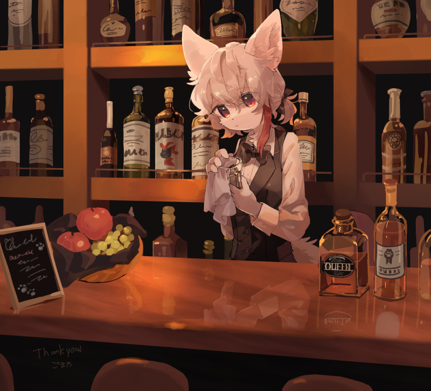 1girl alcohol animal_ears apple bar_(place) bartender black_bow black_bowtie black_suit black_vest body_fur bottle bow bowtie collared_shirt commission counter cup dot_nose drinking_glass expressionless food from_side fruit furry furry_female gomafuto grapes hair_bow handkerchief highres holding holding_cup holding_handkerchief indoors light_brown_hair long_sleeves low_ponytail multicolored_hair original polishing red_eyes redhead reflective_surface shelf shirt short_hair short_ponytail single_sidelock skeb_commission solo streaked_hair suit two-tone_hair uniform upper_body vest vodka white_fur white_shirt