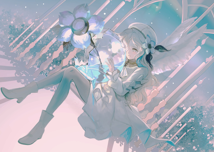 1girl beret blue_hair boots broken_glass collared_dress dress flower full_body glass hair_over_one_eye hat high_heel_boots high_heels highres isekai_joucho kamitsubaki_studio long_hair long_sleeves multicolored_hair orb pantyhose parted_lips solo two-tone_hair virtual_youtuber white_dress white_eyes white_footwear white_hair white_headwear white_pantyhose white_wings wings yur1ca