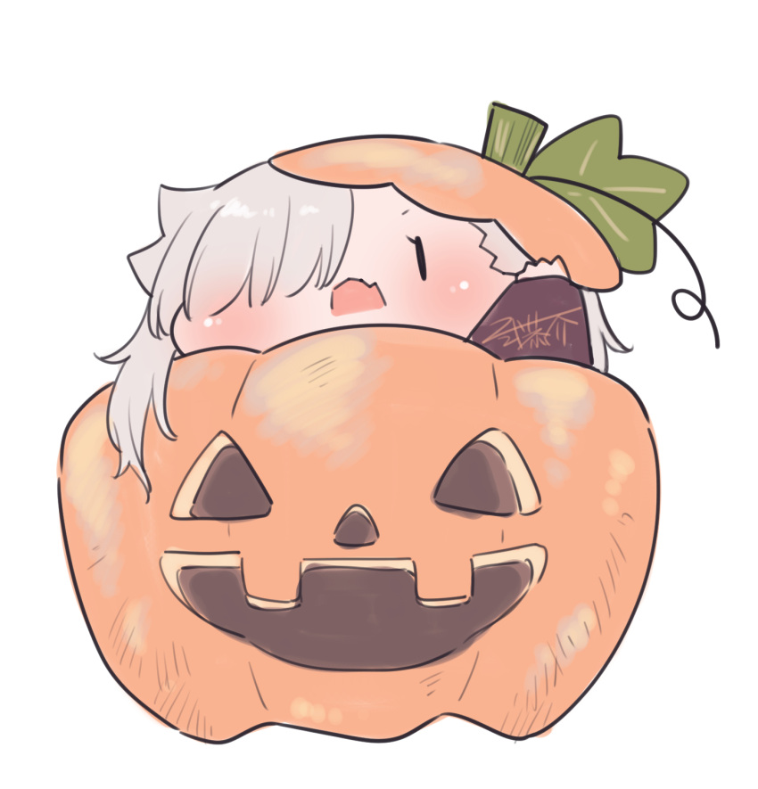 1girl blush chibi fang food grey_hair hair_over_one_eye hand_up highres in_food ishikawa_luna jack-o'-lantern looking_at_viewer mini_person minigirl nikki_kyousuke open_mouth original signature simple_background solo white_background |_|