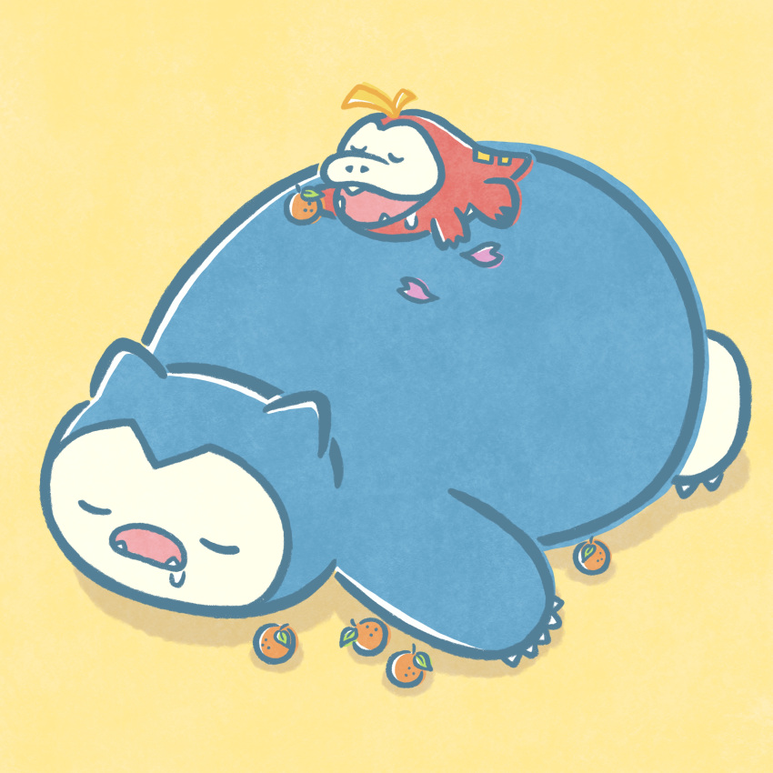 absurdres cherry_blossoms closed_eyes commentary_request drooling food fruit fuecoco highres lying momo_irone no_humans on_stomach open_mouth orange_(fruit) petals pokemon pokemon_(creature) pokemon_on_back simple_background sleeping snorlax yellow_background