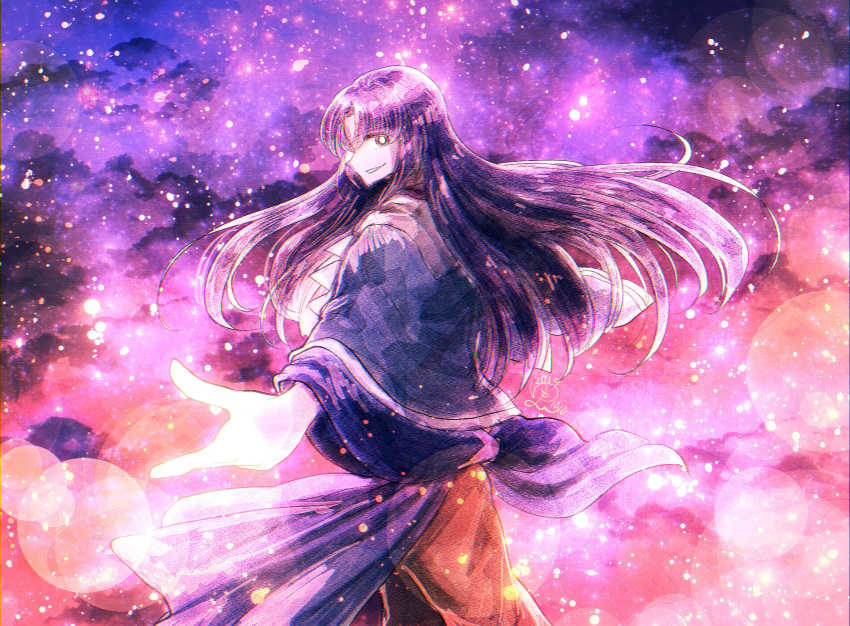 1other androgynous ascot blue_coat brown_pants clause coat from_behind highres len'en long_hair long_sleeves looking_at_viewer looking_back open_mouth other_focus outstretched_arms pants purple_hair smile space star_(sky) teeth violet_eyes white_ascot wide_sleeves yukkyon_kyon