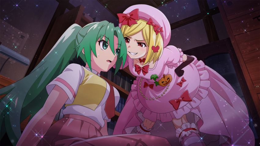 2girls artist_request beret black_gloves blonde_hair bookshelf bow bowtie crossover cupboard dress elbow_gloves evil_grin evil_smile gloves green_eyes green_hair grin hand_on_another's_shoulder hand_on_own_hip hat highres higurashi_no_naku_koro_ni higurashi_no_naku_koro_ni_mei in-franchise_crossover indoors lambdadelta leaning_forward long_hair long_skirt looking_at_another multiple_girls necktie official_art pink_dress pink_headwear ponytail red_bow red_bowtie red_eyes red_necktie red_skirt shirt short_hair short_sleeves sitting skirt smile sonozaki_mion umineko_no_naku_koro_ni white_shirt witch