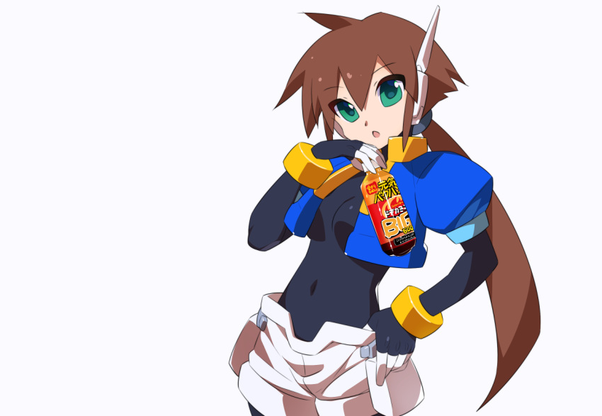 1girl aile_(mega_man_zx) black_bodysuit bodysuit bottle breasts brown_hair covered_navel cropped_jacket drink green_eyes holding holding_drink jacket kaidou_zx long_hair mega_man_(series) mega_man_zx mega_man_zx_advent open_clothes open_jacket ponytail robot_ears shorts small_breasts solo tagme white_shorts