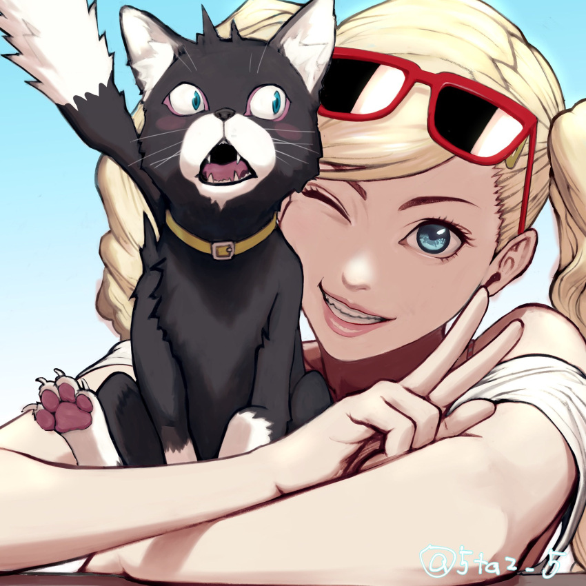 1girl 5tatsu animal blonde_hair blue_background blue_eyes cat claws collar eyewear_on_head grin highres holding holding_animal holding_cat long_hair morgana_(persona_5) off-shoulder_shirt off_shoulder one_eye_closed open_mouth persona persona_5 shirt smile swept_bangs takamaki_anne teeth twintails twitter_username two-tone_fur v wavy_hair white_shirt