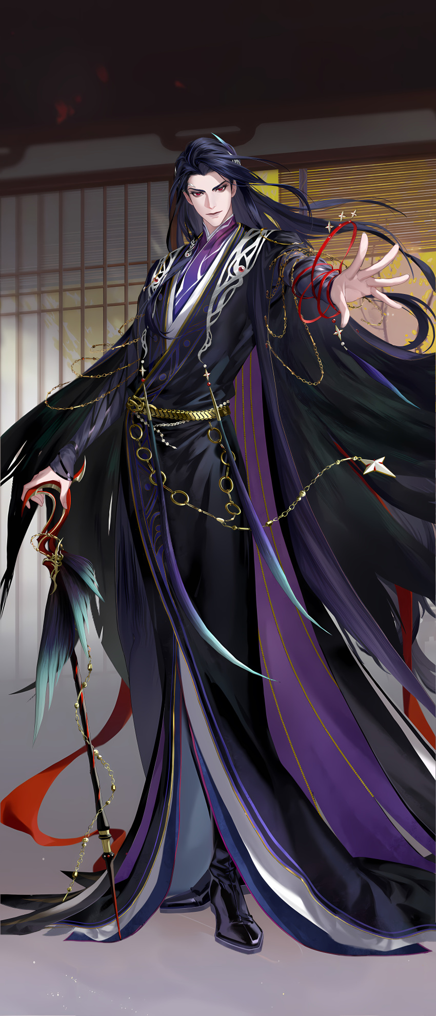 1boy absurdres chinese_clothes code:_kite full_body hanfu highres holding holding_wand jia_xu_(code:_kite) long_hair long_sleeves looking_at_viewer male_focus official_art solo wand
