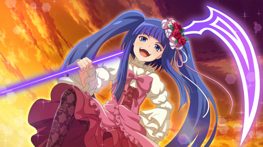 1girl blue_eyes blue_hair blunt_bangs bow choker flat_chest flower frilled_sleeves frills from_below furudo_erika hair_flower hair_ornament hand_on_own_hip high-waist_skirt highres higurashi_no_naku_koro_ni_mei holding holding_scythe lolita_fashion long_hair looking_at_viewer official_art open_mouth pantyhose pink_bow red_flower red_rose ribbon rose scythe skirt smile solo sunset teeth too_many too_many_frills twintails umineko_no_naku_koro_ni very_long_hair