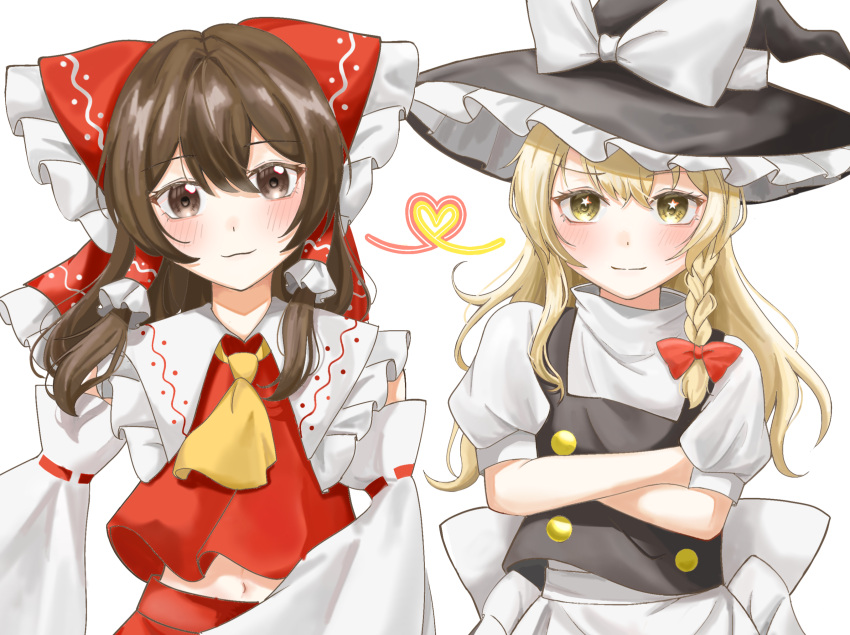 2girls ascot black_vest blonde_hair blush bow braid brown_eyes brown_hair buttons collared_shirt commentary_request crossed_arms detached_sleeves frilled_bow frilled_hair_tubes frills hair_bow hair_tubes hakurei_reimu hat hat_bow heart highres kirisame_marisa long_hair looking_at_viewer multiple_girls nontraditional_miko puffy_short_sleeves puffy_sleeves red_bow red_shirt shirt short_sleeves simple_background single_braid sleeveless sleeveless_shirt star-shaped_pupils star_(symbol) symbol-shaped_pupils temmie_(temi_maru) touhou vest white_background white_bow white_shirt witch_hat yellow_ascot yellow_eyes