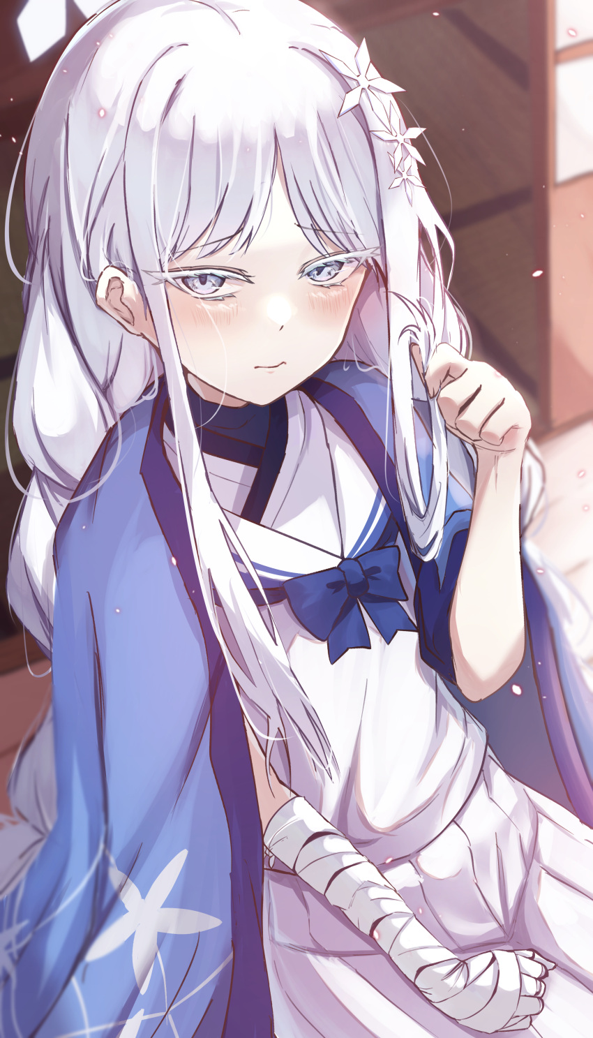 1girl absurdres bandaged_arm bandages blue_archive blush closed_mouth colored_eyelashes grey_eyes grey_hair hair_ornament halo haori highres japanese_clothes long_hair looking_at_viewer nagusa_(blue_archive) pleated_skirt sailor_collar skirt solo white_sailor_collar white_skirt wimawi