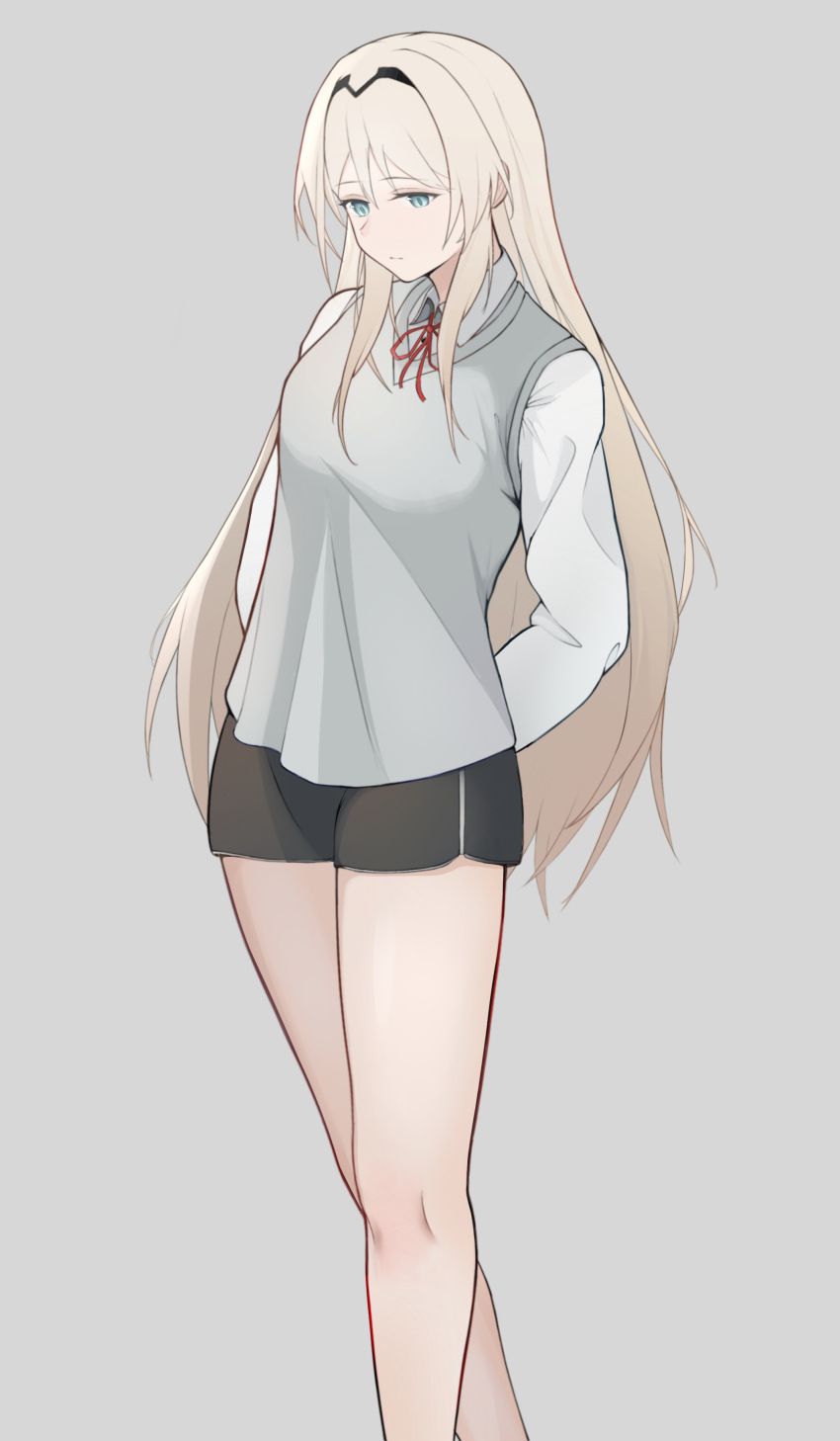 1girl absurdres an-94_(girls'_frontline) aqua_eyes arms_behind_back blonde_hair chinese_commentary collared_shirt feet_out_of_frame girls_frontline grey_background grey_sweater_vest headband highres long_hair neck_ribbon red_ribbon ribbon sharp-pig shirt shorts solo sweater_vest white_shirt