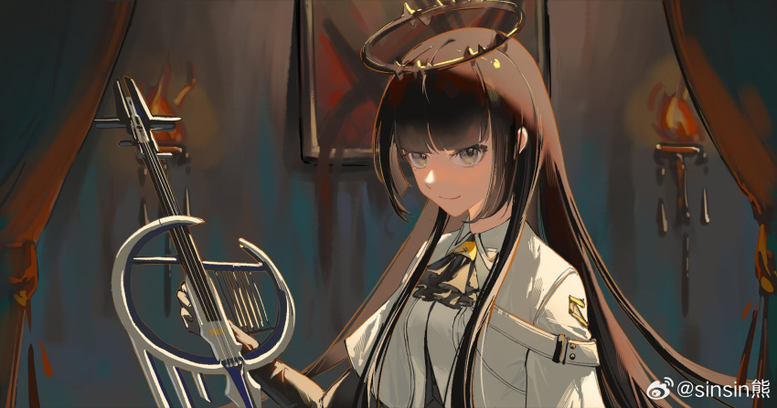 1girl arknights artist_name ascot belt belt_buckle black_ascot black_bustier black_gloves black_halo blunt_bangs blurry blurry_background breasts broken_halo brown_hair buckle bustier buttons cello chinese_commentary chinese_text closed_mouth collared_jacket commentary_request curtains dark_halo depth_of_field elbow_gloves from_side gloves grey_eyes halo hand_up highres hime_cut holding holding_instrument holding_violin indoors instrument jacket layered_sleeves light_smile long_hair long_sleeves looking_at_viewer looking_to_the_side medium_breasts painting_(object) picture_frame red_curtains shade shadow short_over_long_sleeves short_sleeved_jacket short_sleeves sidelocks sinsin solo standing straight_hair torch upper_body very_long_hair violin virtuosa_(arknights) wall watermark weibo_logo weibo_username white_belt white_jacket wide_sleeves wing_collar