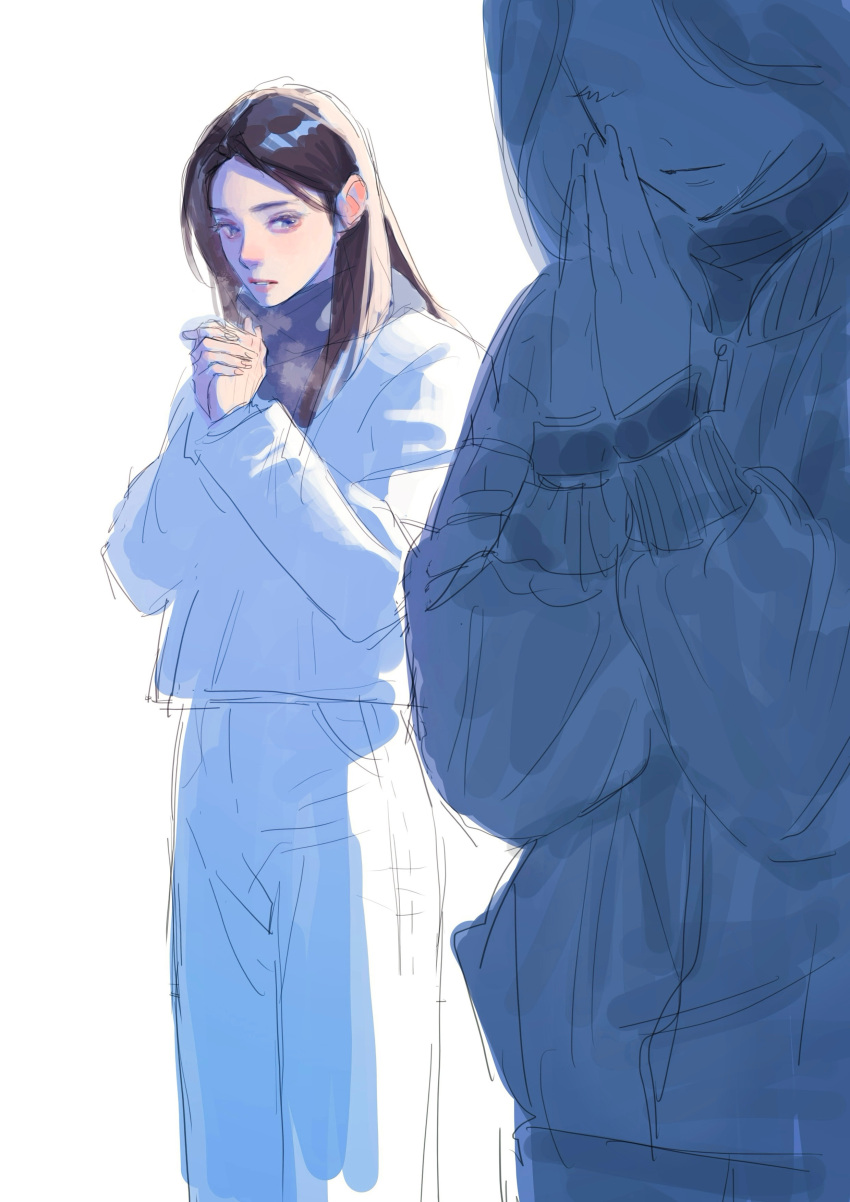 2girls absurdres black_hair blue_eyes breath closed_eyes grey_scarf hair_behind_ear highres jacket jiangkang_meizi k-pop long_hair looking_to_the_side multiple_girls own_hands_clasped own_hands_together pants praying real_life sana_(twice) scarf simple_background sketch smile twice_(group) tzuyu_(twice) white_background white_jacket white_pants