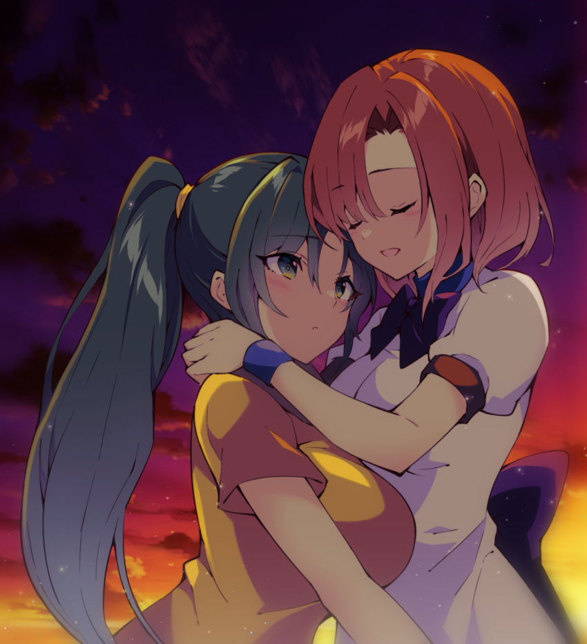 2girls back_bow blush bow breasts closed_eyes commentary_request dress dusk eyelashes eyes_visible_through_hair facing_another green_eyes grey_hair hair_between_eyes hand_on_another's_shoulder highres higurashi_no_naku_koro_ni hug large_breasts light_particles long_hair looking_at_another medium_breasts multiple_girls open_mouth orange_hair orange_sky outdoors parted_lips ponytail puffy_short_sleeves puffy_sleeves purple_bow purple_sky ryuuguu_rena shirt short_hair short_sleeves sidelocks sky smile sonozaki_mion straight_hair suzuragi_karin tsurime upper_body very_long_hair white_dress yellow_shirt yuri