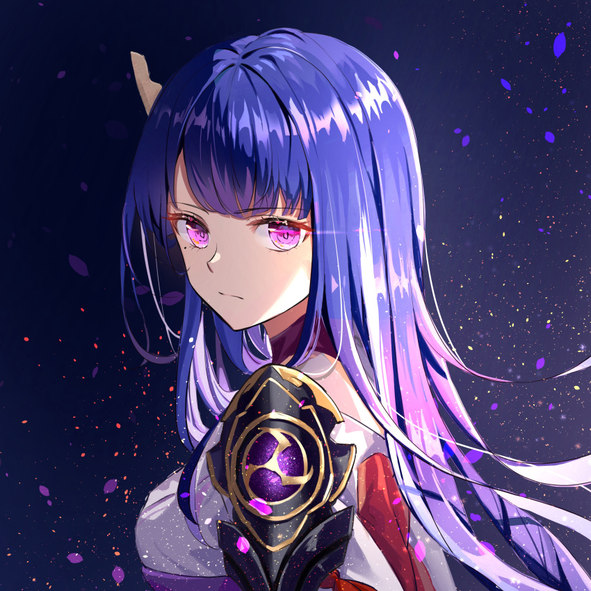 1girl absurdres armor closed_mouth from_side genshin_impact glowing glowing_eyes highres japanese_clothes kimono light_particles long_hair looking_at_viewer looking_to_the_side mitsudomoe_(shape) mole mole_under_eye purple_hair purple_kimono raiden_shogun shoulder_armor solo tomoe_(symbol) violet_eyes ya_danhuang
