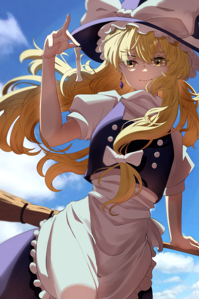 1girl apple apple_core apron axeria810 black_skirt black_vest blonde_hair blue_sky bow broom buttons clouds commentary_request food fruit hair_bow hat hat_bow highres kirisame_marisa long_hair puffy_short_sleeves puffy_sleeves shirt short_sleeves skirt sky solo touhou vest waist_apron white_apron white_bow white_shirt witch_hat