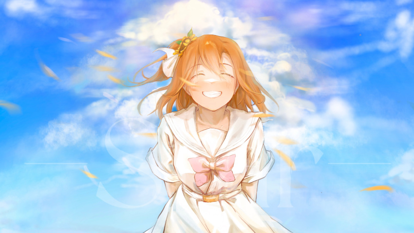 1girl absurdres blush bow breasts clouds dress hair_between_eyes hair_ribbon highres kousaka_honoka leaf leaning_forward love_live! love_live!_school_idol_project medium_breasts medium_hair one_side_up orange_hair parted_lips pink_bow ribbon sky solo white_bow white_dress white_ribbon yu_jing_cao_luo