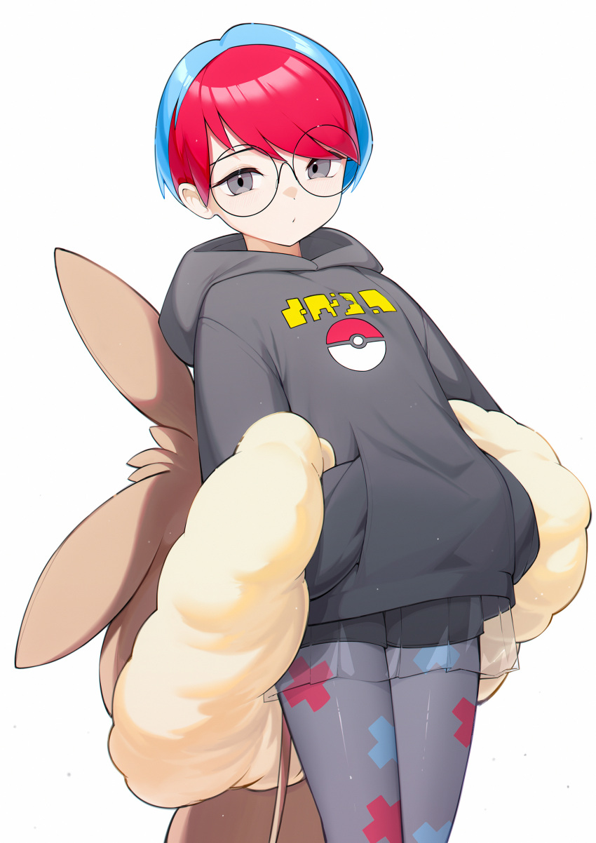 1girl absurdres backpack bag black_shorts blue_hair brown_bag closed_mouth commentary_request glasses grey_eyes grey_pantyhose highres hood hood_down hoodie multicolored_hair pantyhose penny_(pokemon) poke_ball_print pokemon pokemon_sv redhead round_eyewear see-through see-through_skirt short_hair shorts simple_background skirt solo two-tone_hair white_background wo_chi_xiangjiao_pi