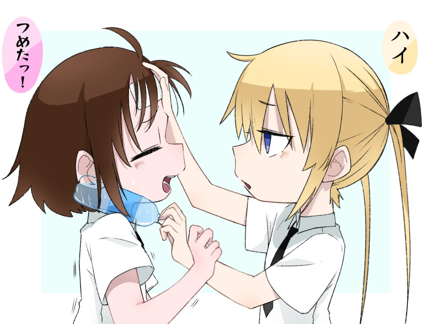 2girls blonde_hair blush bottle brown_hair fusuma_(suwaru_boom) hair_ribbon highres holding holding_bottle kill_me_baby long_hair multiple_girls necktie open_mouth oribe_yasuna ribbon school_uniform shirt short_hair sonya_(kill_me_baby) translation_request twintails violet_eyes water_bottle yuri