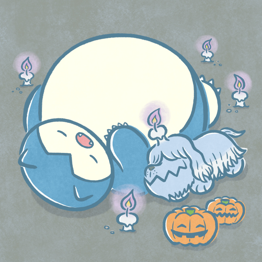 absurdres buried closed_eyes commentary_request greavard grey_background halloween highres jack-o'-lantern momo_irone no_humans official_art open_mouth pokemon pokemon_(creature) pumpkin simple_background sleeping snorlax