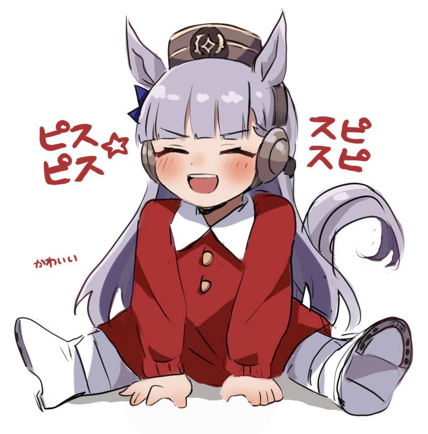 1girl animal_ears blunt_bangs bow ear_bow facing_viewer gold_ship_(umamusume) grey_hair highres horse_ears horse_girl horse_tail long_hair mare_ma open_mouth pillbox_hat simple_background sitting smile smock solo tail umamusume umamusume:_peace_peace_cepea_cepea_golshi-chan wariza white_background white_footwear