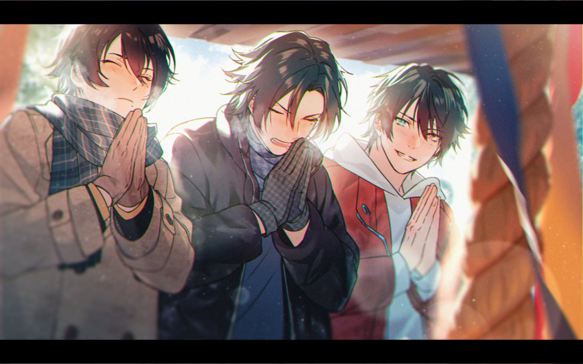 3boys black_border black_gloves black_hair black_jacket blue_scarf blue_shirt border breath brown_gloves buttons closed_eyes closed_mouth coat collared_jacket commentary_request day fingernails gloves green_eyes grey_coat grin hair_between_eyes heterochromia highres hood hood_down hooded_jacket hoodie hypnosis_mic jacket layered_sleeves letterboxed long_sleeves looking_at_viewer male_focus minami_kazuki_(hanbee) mole mole_under_eye mole_under_mouth multiple_boys open_clothes open_jacket open_mouth outdoors own_hands_together parted_bangs plaid plaid_scarf praying red_eyes red_jacket rope scarf shimenawa shirt short_hair shrine smile teeth tree upper_body v-shaped_eyebrows white_hoodie winter_clothes yamada_ichiro yamada_jiro yamada_saburo zipper