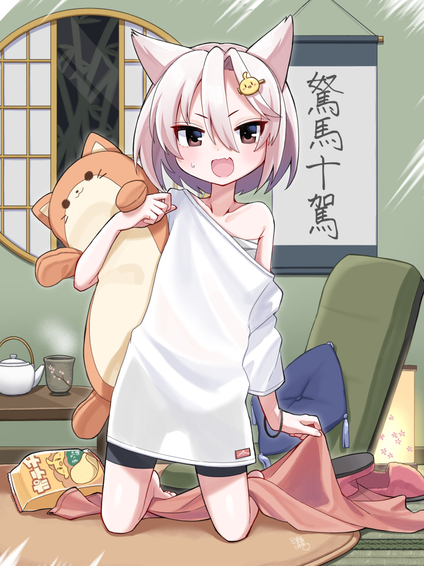 1girl absurdres animal_ears azur_lane bag_of_chips bike_shorts blanket chips_(food) collarbone cup fang food hair_between_eyes hair_ornament hairpin hand_up highres holding holding_blanket holding_stuffed_toy indoors light_blush looking_at_viewer manjuu_(azur_lane) marui_kado open_mouth oversized_clothes oversized_shirt pillow potato_chips sarashi shirt short_hair shouhou_(azur_lane) signature single_bare_shoulder skin_fang solo stuffed_animal stuffed_toy sweatdrop teacup teapot white_hair white_shirt