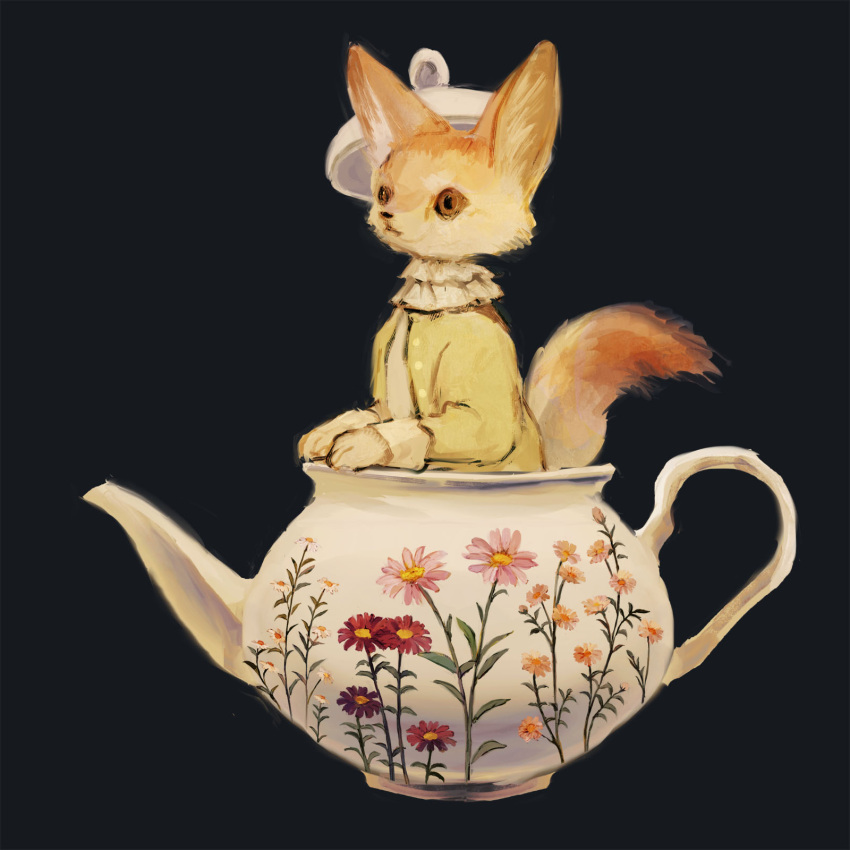animal animal_focus black_background brown_eyes closed_mouth collar commentary_request dress_shirt english_commentary fennec_fox flower frilled_shirt_collar frills highres in_teapot mini_person minimized no_humans orange_flower original pink_flower porcelain red_flower shirt simple_background sleeve_cuffs solo teapot three_quarter_view tono_(rt0no) white_collar yellow_shirt