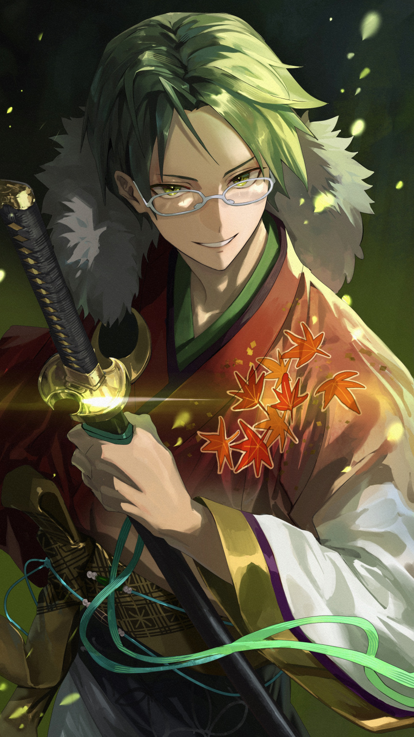 1boy absurdres black_sash brown_sash commentary_request ensemble_stars! fur-trimmed_kimono fur_trim glasses glint gold_trim gradient_kimono green_eyes green_hair green_ribbon grey-framed_eyewear grin hand_up hasumi_keito highres holding holding_sheath holding_sword holding_weapon japanese_clothes katana kimono leaf_print long_sleeves looking_at_viewer male_focus maple_leaf_print multicolored_sash obi obijime parted_bangs red_kimono ribbon sash sheath sheathed short_hair smile solo standing sword teeth utkw_n v-shaped_eyebrows weapon white_kimono wide_sleeves