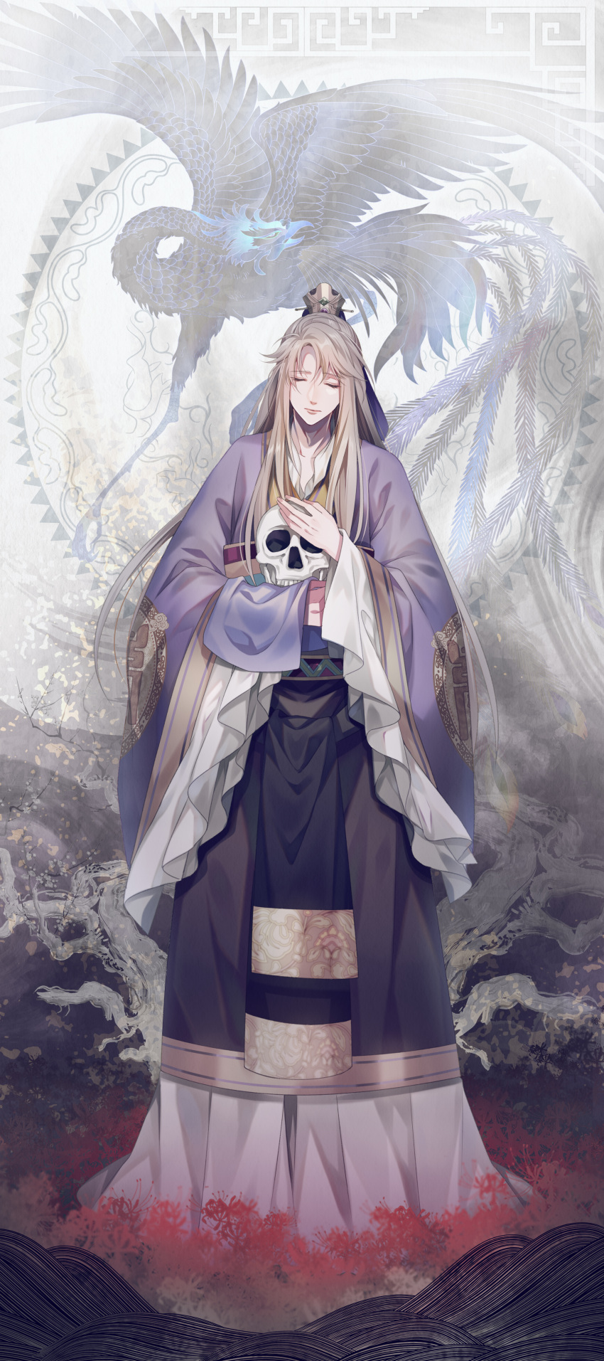 1boy absurdres bishounen chinese_clothes closed_eyes cloth_nuno crack cracked_wall crown facing_viewer flower highres holding holding_skull light_brown_hair long_hair mini_crown saiunkoku_monogatari shi_ryuuki skull solo spider_lily standing very_long_hair wide_sleeves