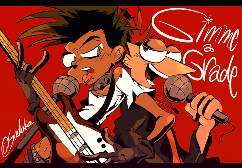 2boys artist_name baljeet_tjinder black_hair choker dark-skinned_female dark_skin electric_guitar fingerless_gloves gloves guitar holding holding_microphone instrument male_focus microphone multiple_boys music official_alternate_costume open_mouth phineas_and_ferb phineas_flynn red_background redhead scene_reference shirt singing song_name spiked_choker spikes spiky_hair sudako_(tkb315) t-shirt tongue tongue_out white_shirt