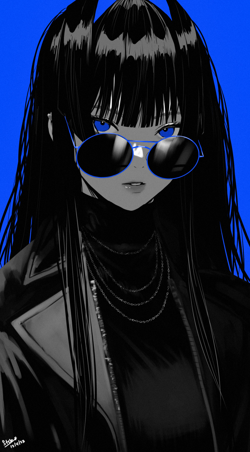 1girl absurdres alternate_costume artist_name blue_background blue_eyes blue_hair blunt_bangs colored_inner_hair dated greyscale greyscale_with_colored_background hair_intakes highres hololive hololive_english jacket jewelry lapels long_hair looking_at_viewer monochrome multicolored_hair necklace ouro_kronii parted_lips round_eyewear shirt simple_background solo spot_color steb sunglasses teeth turtleneck virtual_youtuber