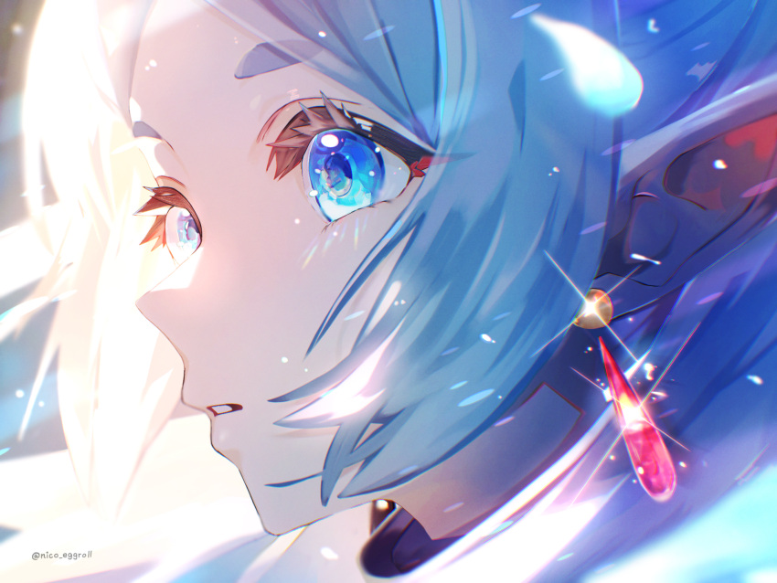 1girl artist_name backlighting blue_eyes cape close-up commentary_request dangle_earrings earrings elf eye_focus eyelashes frieren from_side highres jewelry long_hair motion_blur nico_eggroll parted_lips pointy_ears refraction solo sousou_no_frieren sparkling_eyes thick_eyebrows twintails twitter_username white_cape
