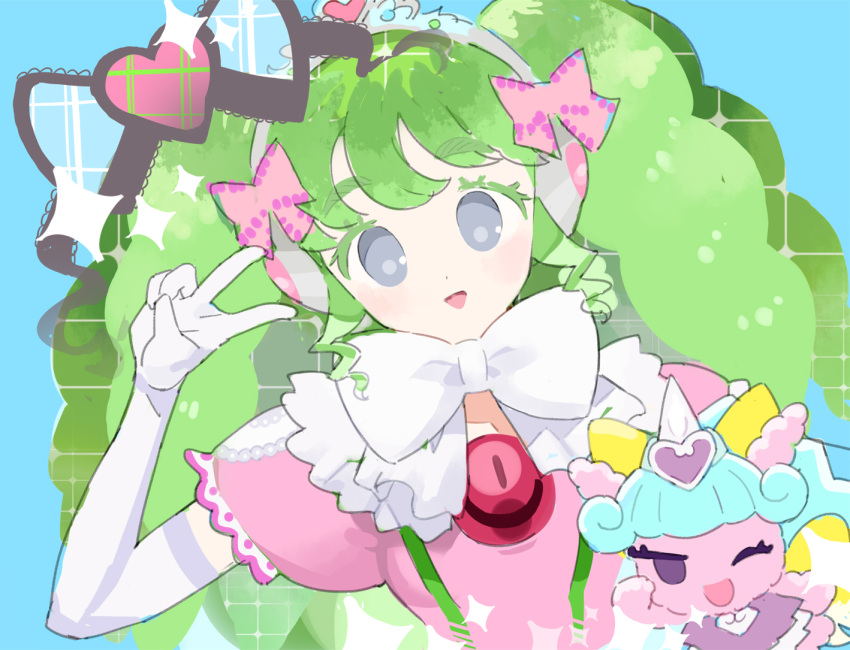 1girl blue_background bow colored_eyelashes commentary_request dress elbow_gloves falulu gloves green_hair grey_eyes hair_bow hand_up headphones heart long_hair looking_at_viewer moudoku_(decopon3rd) one_eye_closed open_mouth pink_bow pink_dress power_symbol pretty_series pripara puffy_short_sleeves puffy_sleeves short_sleeves sidelocks smile sparkle stuffed_unicorn tiara twintails unicorn_(pripara) upper_body v violet_eyes white_bow white_gloves