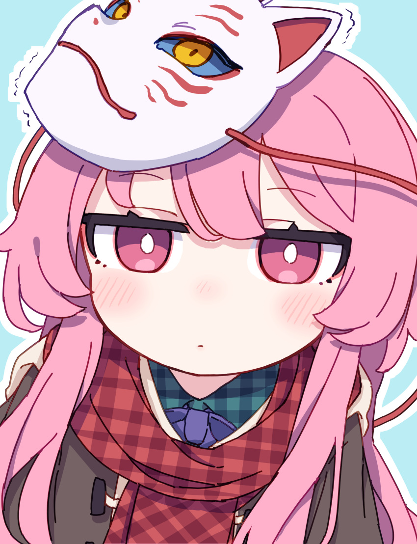 1girl absurdres blue_background bow bowtie brown_jacket close-up coat expressionless green_shirt hata_no_kokoro highres jacket kame_(kamepan44231) long_hair looking_at_viewer mask mask_on_head one-hour_drawing_challenge pink_eyes pink_hair plaid plaid_scarf plaid_shirt purple_bow purple_bowtie red_scarf scarf shirt sketch solo touhou winter_clothes winter_coat