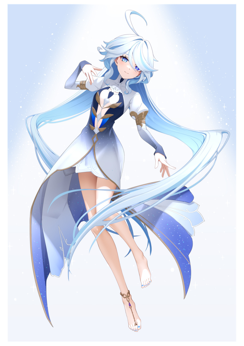 1girl bare_legs barefoot blue_hair blue_nails border closed_mouth commentary_request cowlick dress drop-shaped_pupils focalors_(genshin_impact) full_body genshin_impact gold_trim gradient_dress hand_up high-low_skirt highres juliet_sleeves light_blue_hair light_particles long_hair long_sleeves looking_at_viewer midair mismatched_pupils multicolored_hair nail_polish puffy_sleeves solo spotlight streaked_hair toenail_polish toenails tyenka7728 wavy_hair white_border