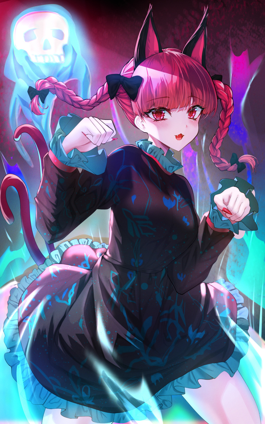 1girl :d absurdres animal_ears aura black_dress bow braid cat_ears cat_girl cat_tail commentary_request cowboy_shot dress extra_ears fangs fingernails floating_skull frilled_dress frilled_sleeves frills hair_bow hands_up highres hitodama kaenbyou_rin long_hair long_sleeves looking_at_viewer multiple_tails nyarocks open_mouth red_bow red_eyes red_nails redhead sharp_fingernails smile solo tail touhou twin_braids two_tails