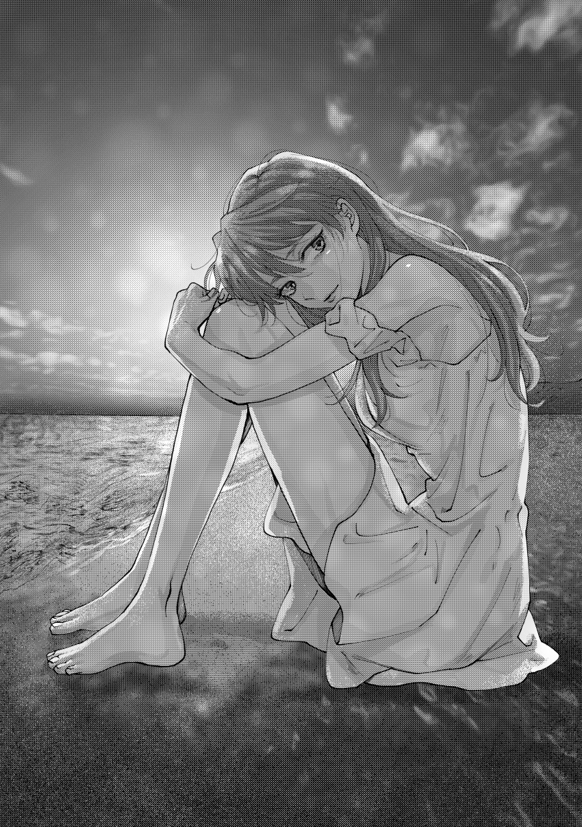 1girl absurdres bare_shoulders barefoot beach commentary_request dress feet from_side full_body greyscale highres hugging_own_legs knees_up legs long_legs looking_at_viewer matsuko_(mrimri3) monochrome neon_genesis_evangelion ocean outdoors sitting sky solo souryuu_asuka_langley toenails toes