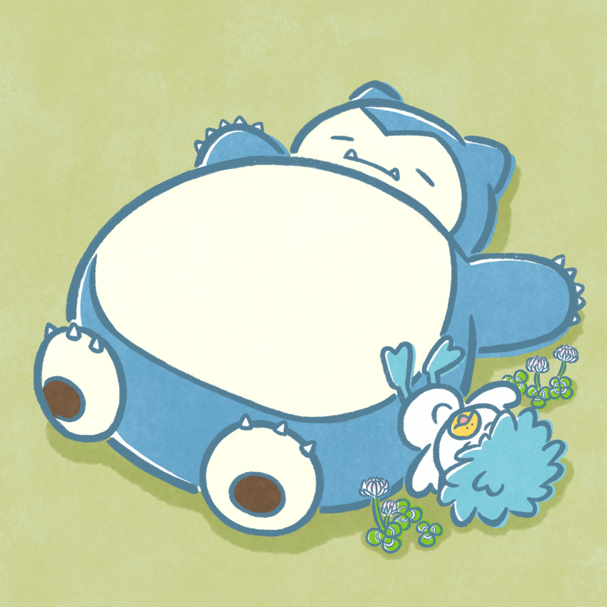 absurdres closed_eyes clover clover_(flower) commentary_request flower green_background highres legs_up lying messy_hair momo_irone no_humans official_alternate_hairstyle official_art on_back pokemon pokemon_(creature) quaxly simple_background sleeping snorlax