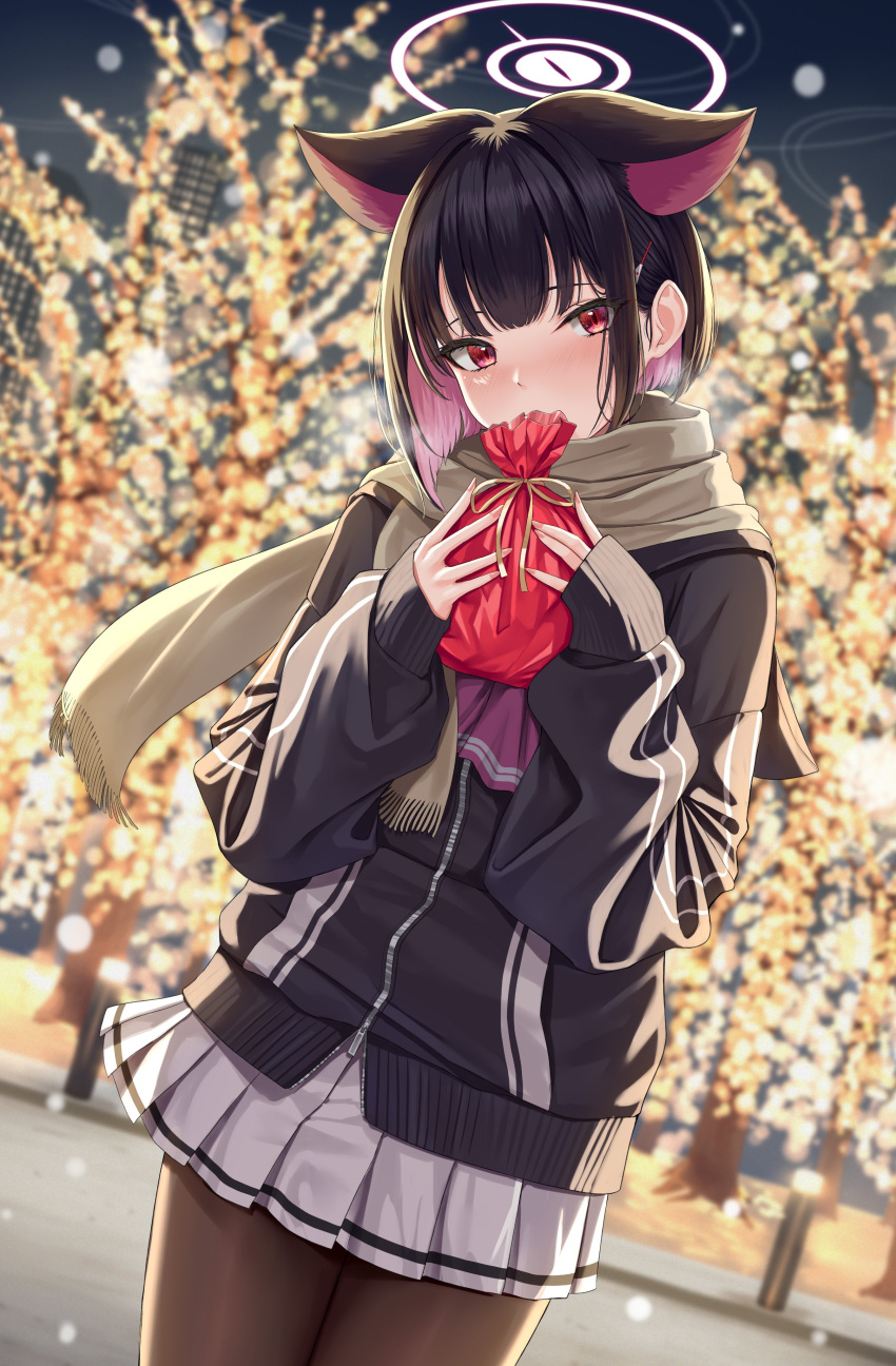 1girl absurdres black_hair black_jacket black_pantyhose blue_archive brown_scarf christmas_tree colored_inner_animal_ears colored_inner_hair commentary_request covering_mouth ears_down gift halo highres holding holding_gift hood hood_down hooded_jacket jacket kazusa_(blue_archive) long_sleeves looking_at_viewer multicolored_hair pantyhose pink_hair pink_halo puffy_long_sleeves puffy_sleeves rama_(yu-light8) red_eyes scarf skirt solo white_skirt