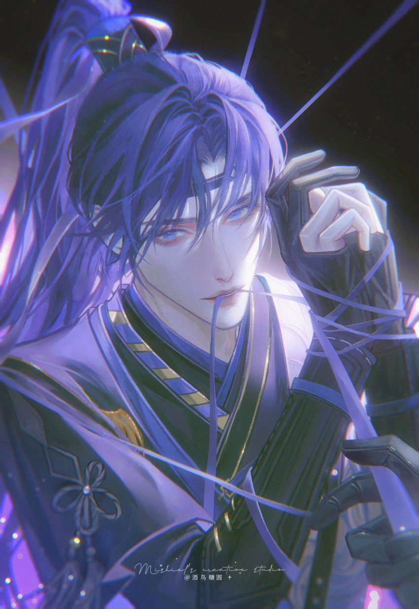 1boy arms_up bishounen blue_eyes blue_hair blurry bound bound_arms bound_wrists chinese_clothes chromatic_aberration code:_kite dark_blue_hair depth_of_field film_grain flower_knot fu_rong_(code:_kite) hanfu headband high_ponytail highres long_hair looking_at_viewer male_focus mishiellestonn motion_blur mouth_hold pov pov_hands restrained upper_body very_long_hair