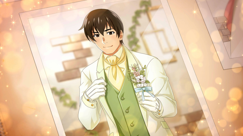 1boy akasaka_mamoru black_hair blue_bow blue_ribbon blush bouquet bow buttons closed_mouth collared_shirt dress_shirt flower formal gloves green_vest groom hair_between_eyes high_collar highres higurashi_no_naku_koro_ni higurashi_no_naku_koro_ni_mei holding holding_bouquet jacket long_bangs long_sleeves looking_at_viewer male_focus official_art photo_(object) pink_flower plant popped_collar ribbon shirt short_hair smile solo sparkle suit suit_jacket tuxedo vest vines white_flower white_suit yellow_shirt
