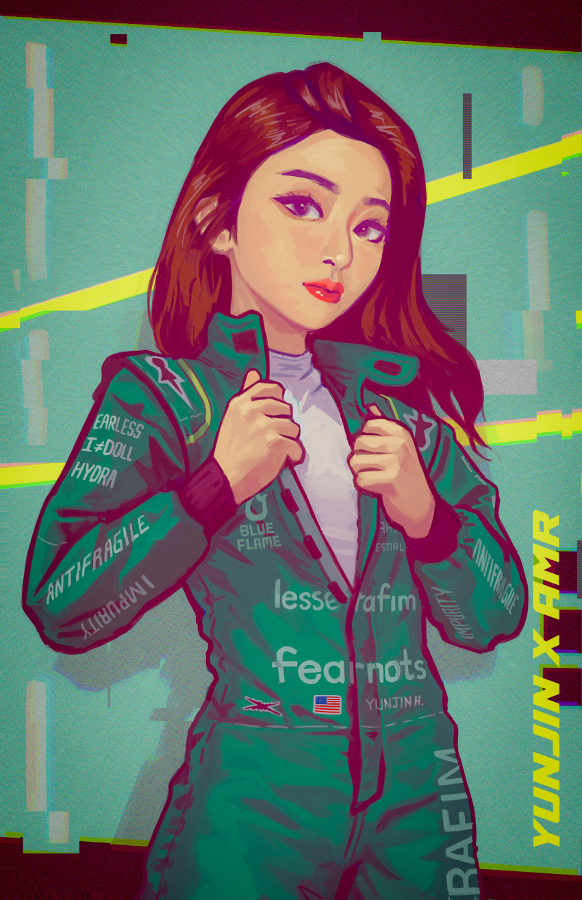 1girl absurdres american_flag april_jubilees aston_martin black_eyes brown_hair chromatic_aberration formula_one glitch green_jumpsuit grey_sweater head_tilt highres holding holding_clothes holding_jacket huh_yun-jin jacket jumpsuit k-pop le_sserafim long_hair looking_at_viewer racing_suit real_life red_lips solo song_name sweater