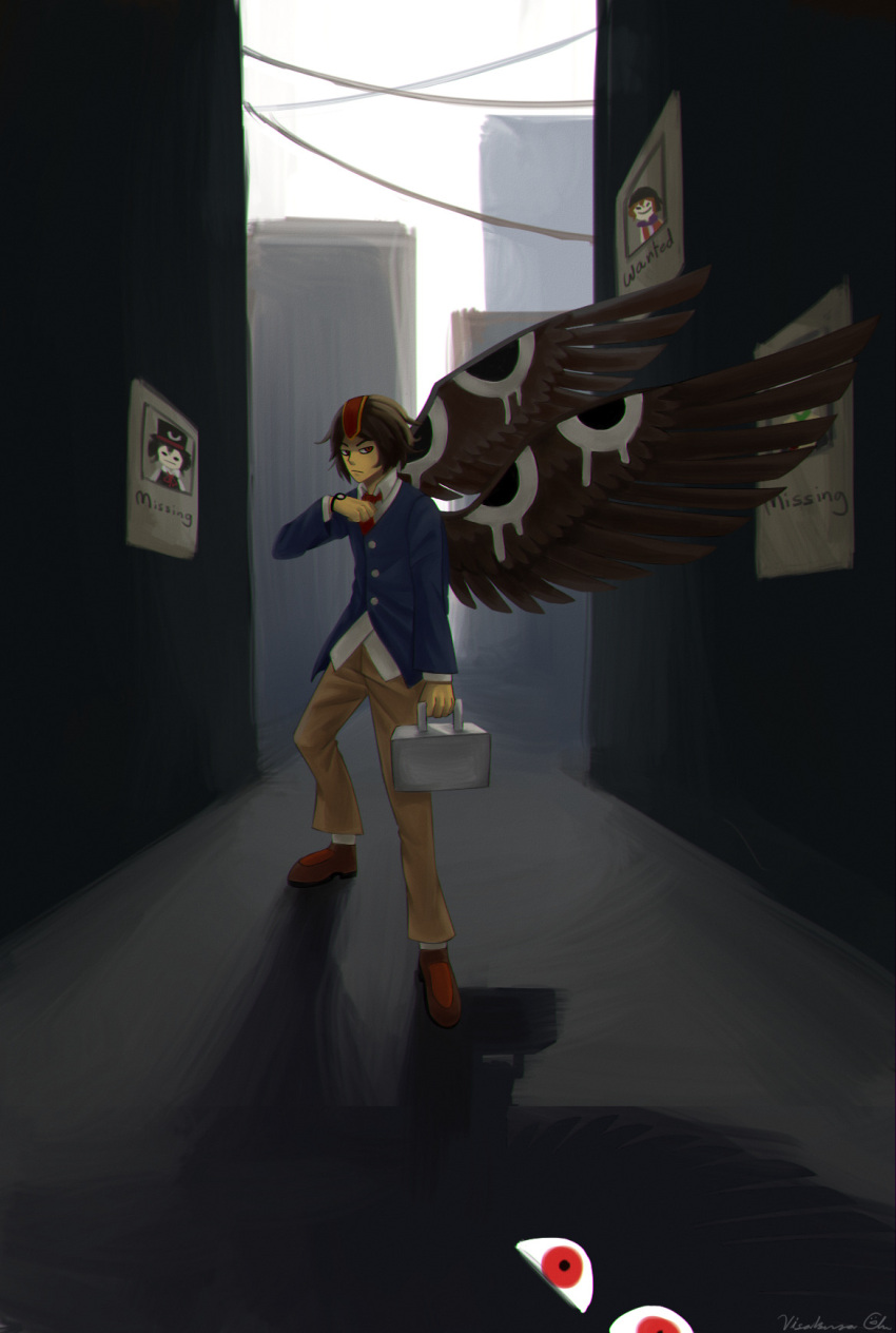 1other alley androgynous asteris-kitsy blue_jacket briefcase brown_footwear brown_hair brown_pants brown_wings chromatic_aberration closed_mouth collared_shirt commentary english_commentary enraku_tsubakura feathered_wings film_grain headpiece highres holding holding_briefcase houlen_yabusame jacket kokutenshi_hibaru kuzu_suzumi len'en long_sleeves missing_poster necktie other_focus outdoors pants red_eyes red_headwear red_necktie shirt short_hair socks solo watch watch white_shirt white_socks wings