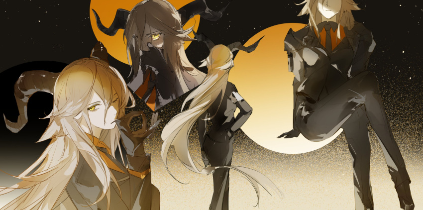 1girl animal_ear_fluff animal_ears aonogura arknights arm_support armband armor biting black_necktie blonde_hair boots breasts brown_background brown_footwear brown_gloves brown_jacket brown_pants circle closed_mouth collared_shirt commentary_request contrapposto cropped_feet cropped_torso crossed_bangs crossed_legs degenbrecher_(arknights) double-parted_bangs epaulettes expressionless faceless faceless_female facing_ahead facing_away facing_viewer feet_out_of_frame floating_hair foot_out_of_frame from_behind glove_biting gloves glowing glowing_eye goat_ears goat_girl goat_horns gradient_background hair_between_eyes hair_flowing_over hand_in_own_hair hand_on_own_hip hand_on_own_shoulder hand_to_own_face hand_to_own_mouth hand_up head_out_of_frame highres horns invisible_floor jacket lapels legs light_brown_background light_particles long_bangs long_hair long_sleeves looking_ahead looking_at_viewer looking_to_the_side medium_breasts multiple_views necktie notched_lapels one_eye_closed open_clothes open_hand open_jacket orange_shirt pants parted_lips pauldrons shade shaded_face shadow shirt shoulder_armor shoulder_pads sidelocks sideways_glance single_epaulette single_pauldron sitting solo standing straight_hair teeth underlighting upper_body very_long_hair white_armband wing_collar yellow_eyes